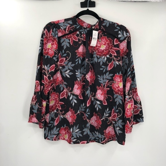LOFT Garden Print Bell Sleeve Blouse Flowy S NWT Floral Flower Print Keyhole New - Picture 2 of 11